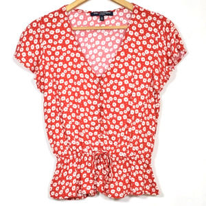 One Clothing Floral Peplum V Neck Top Red Small